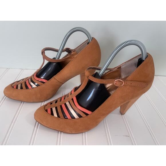 Seychelles Anthropologie Haley Multi-Strap Heels Tan Pink Metallic Size Women 10 - Picture 2 of 11